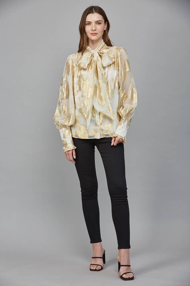 Metallic Jacquard Chiffon Blouse With Bow