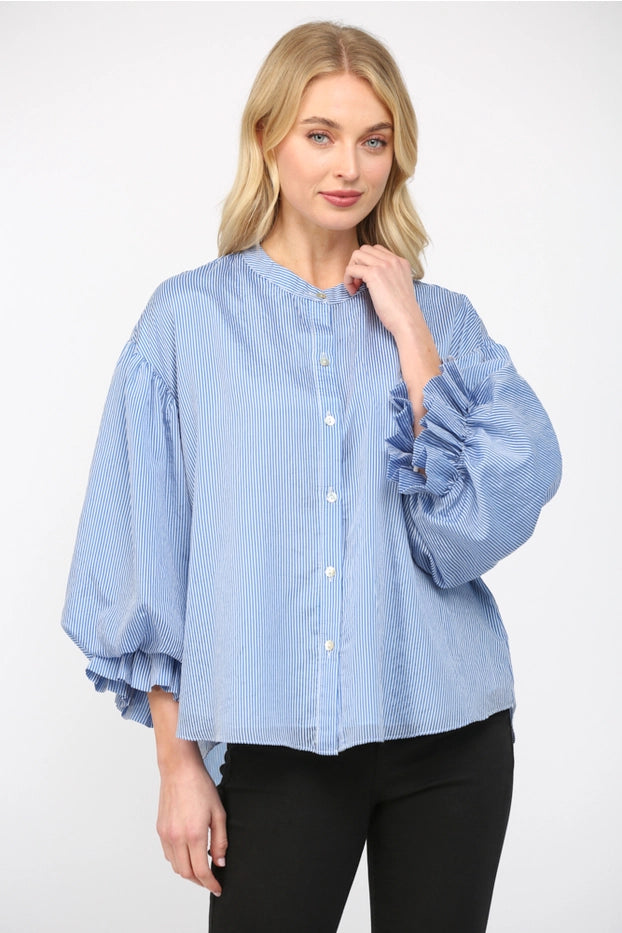 Pinstripe Voluminous Bubble Sleeve Blouse