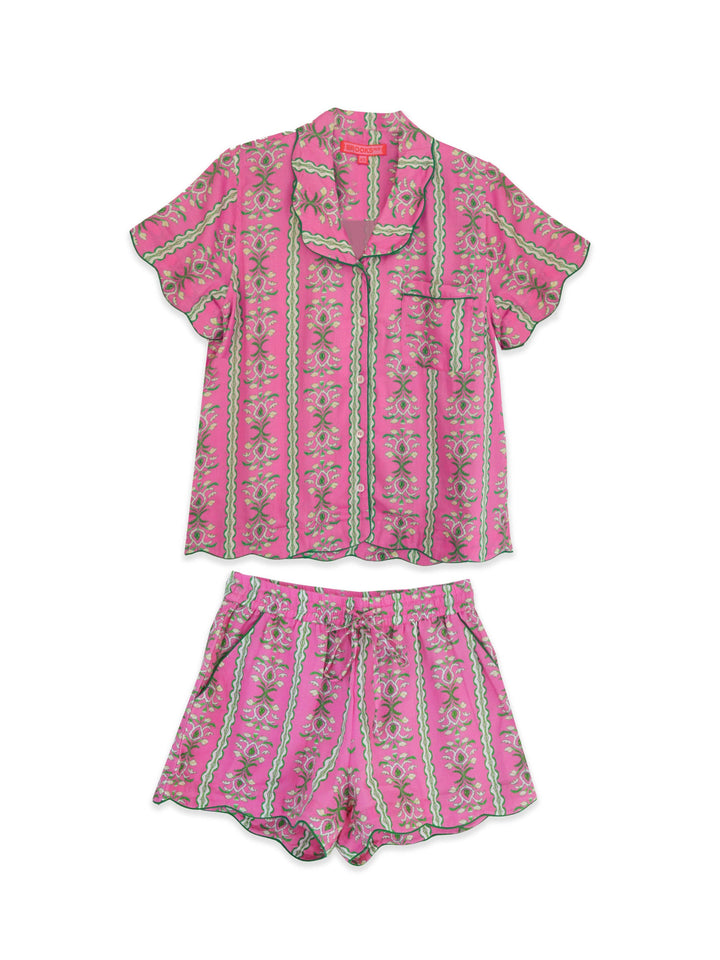 Brooks Avenue Scalloped Pajama Set Short - Cabana Stripe Pink