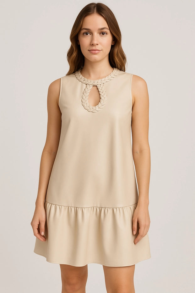 Braided Keyhole Neckline Sleeveless Faux Leather Dress