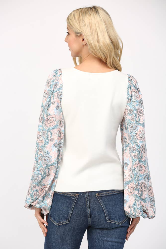 Contrast Print Balloon Sleeve Round Neck Sweater