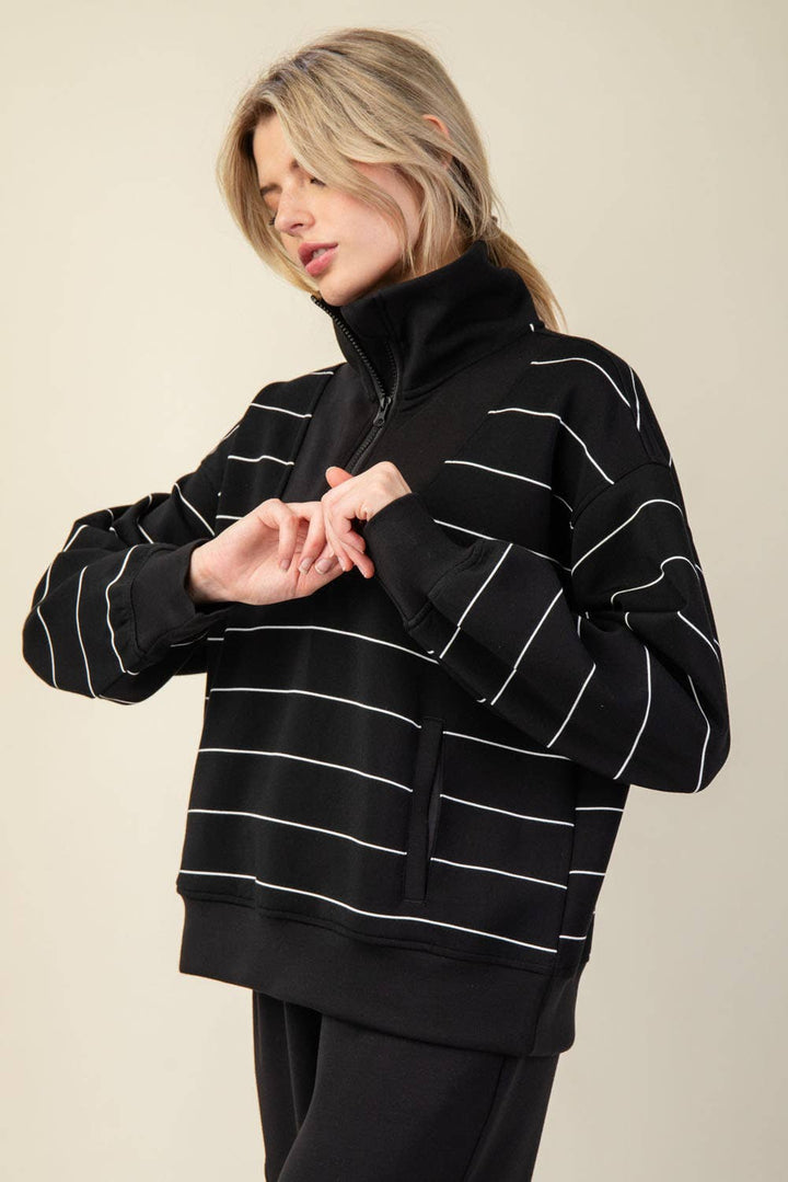 Modal Stripe Quarter Zip Mock Neck Pullover