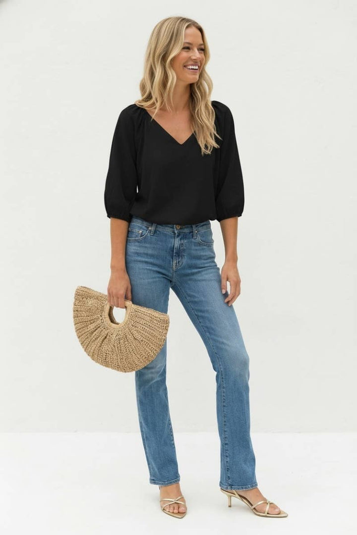 Elastic Puff Sleeve V-neck Blouse
