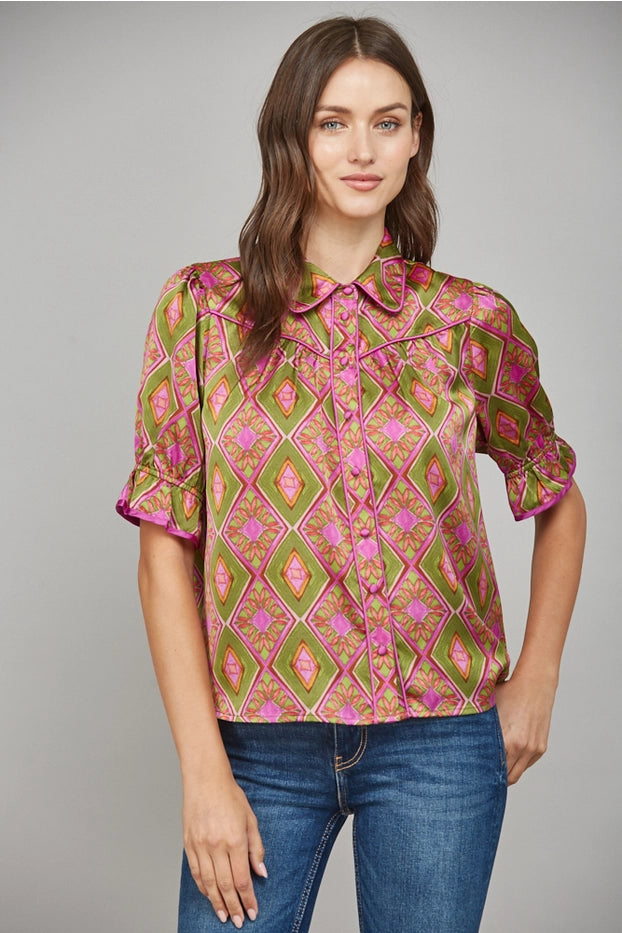 Contrast Piping Detail Collar Print Blouse