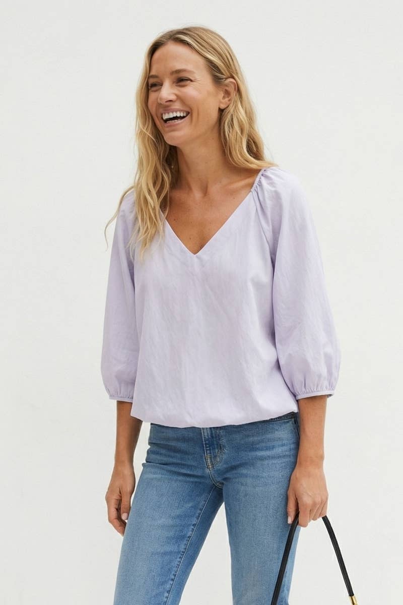 Elastic Puff Sleeve V-neck Blouse