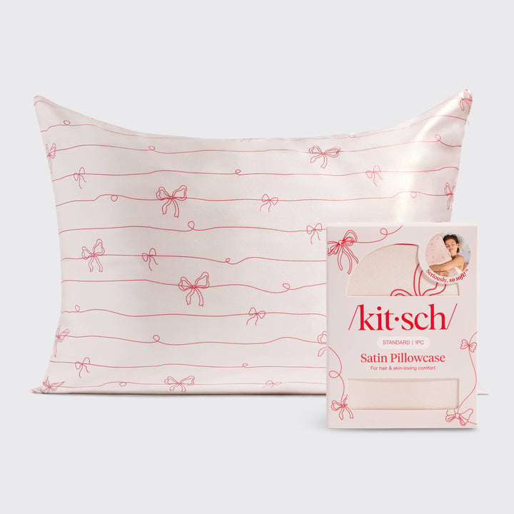 KITSCH  Holiday Satin Pillowcase in Striped Bows