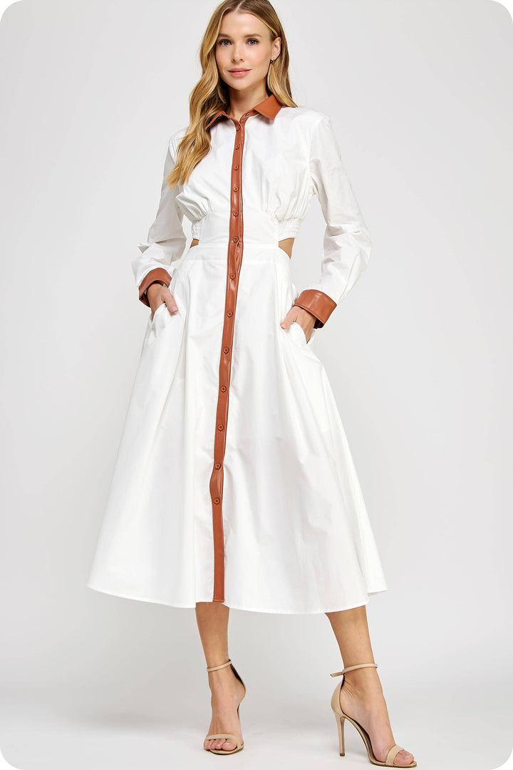 Faux Leather Contrast Poplin Long Shirt Dress