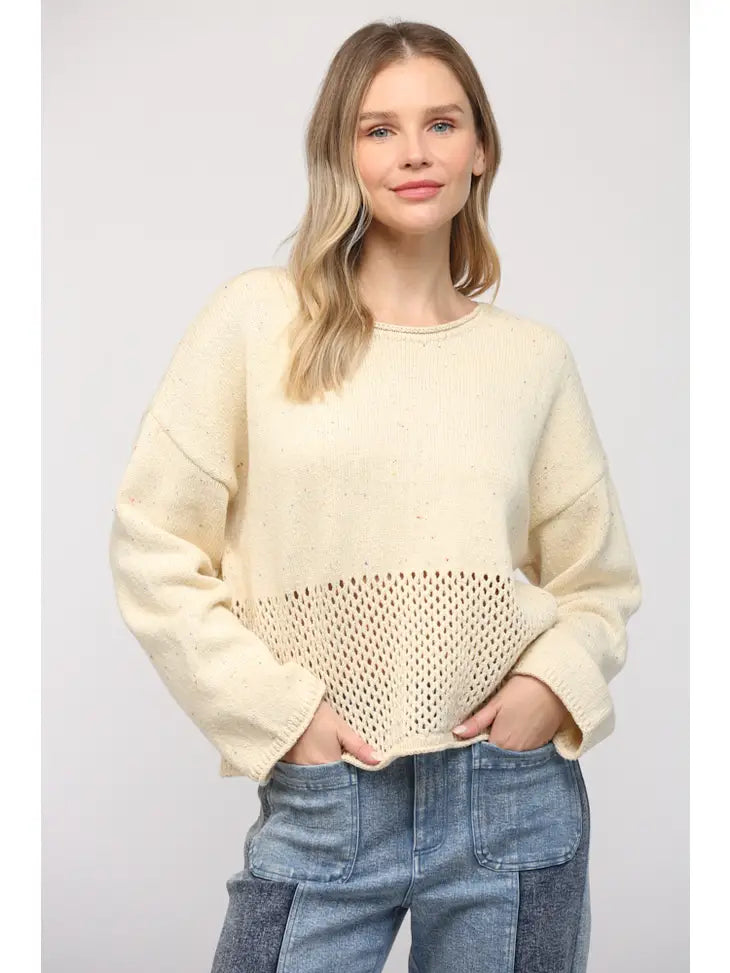 Open Knit Bottom Drop Shoulder Sweater