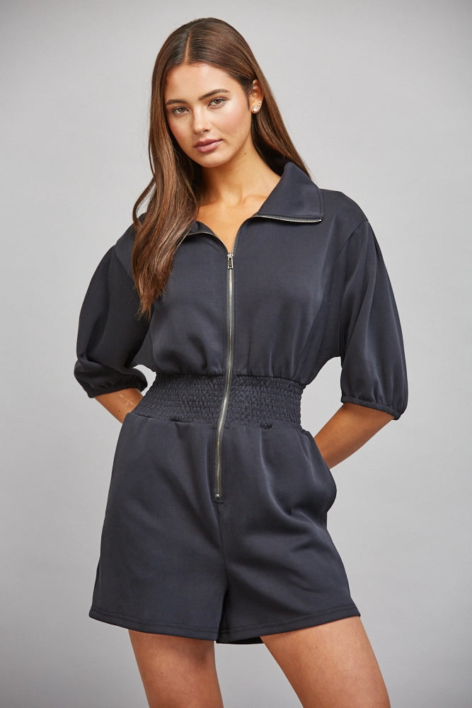 Full Front Zip Closure Smocked Waist Romper