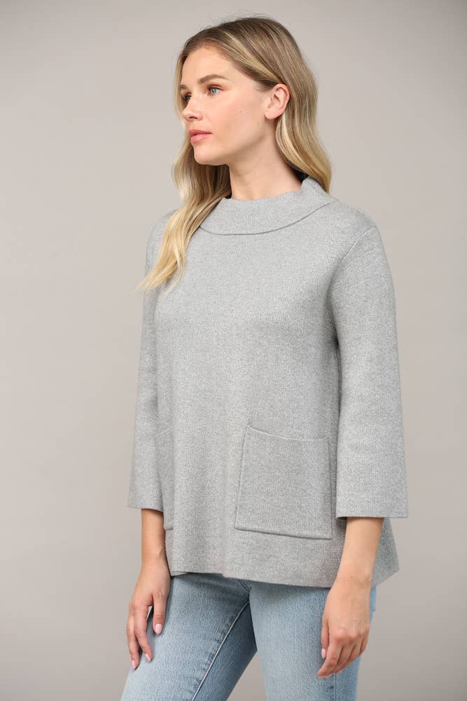 Glitter Yarn Front Pocket Detail Mock Neck Sweater