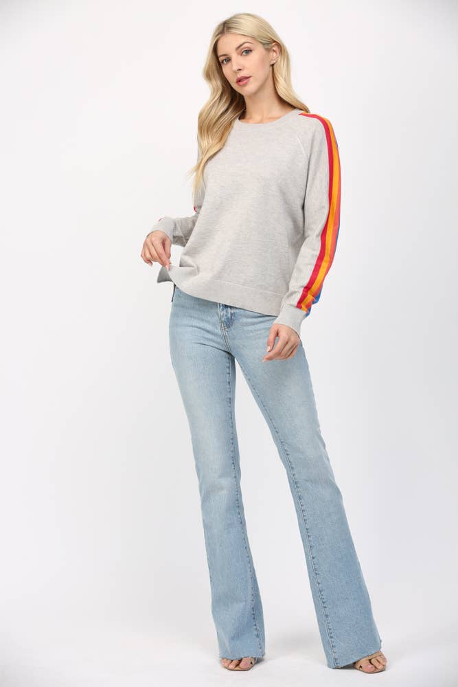 Multi Color Stripe On Sleeve Crew Neck Sweater