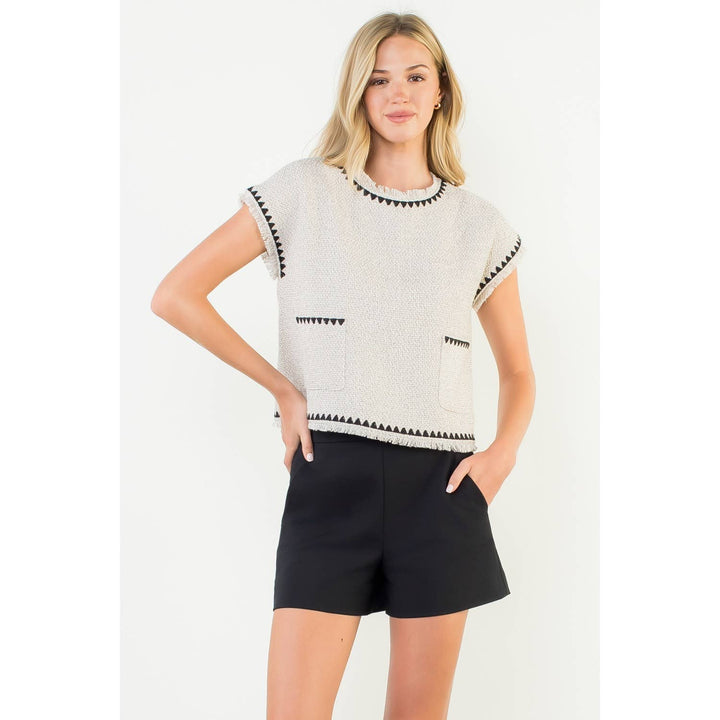 Fringe Trim Tweed Pocket Top