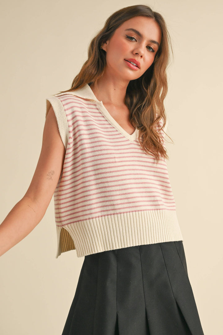 V-Neck Stripe Collar Knitted Top