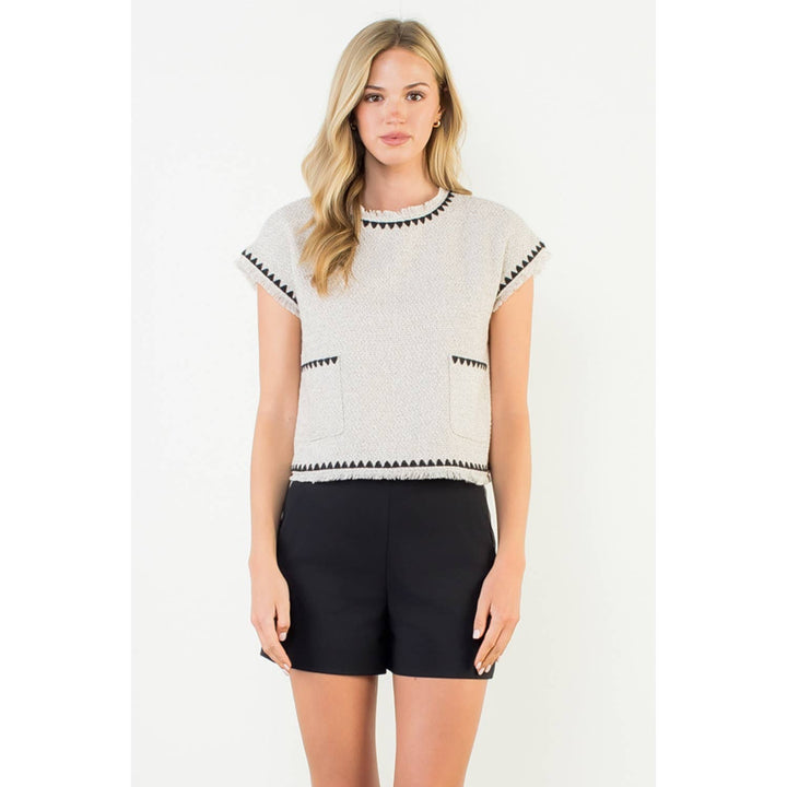 Fringe Trim Tweed Pocket Top