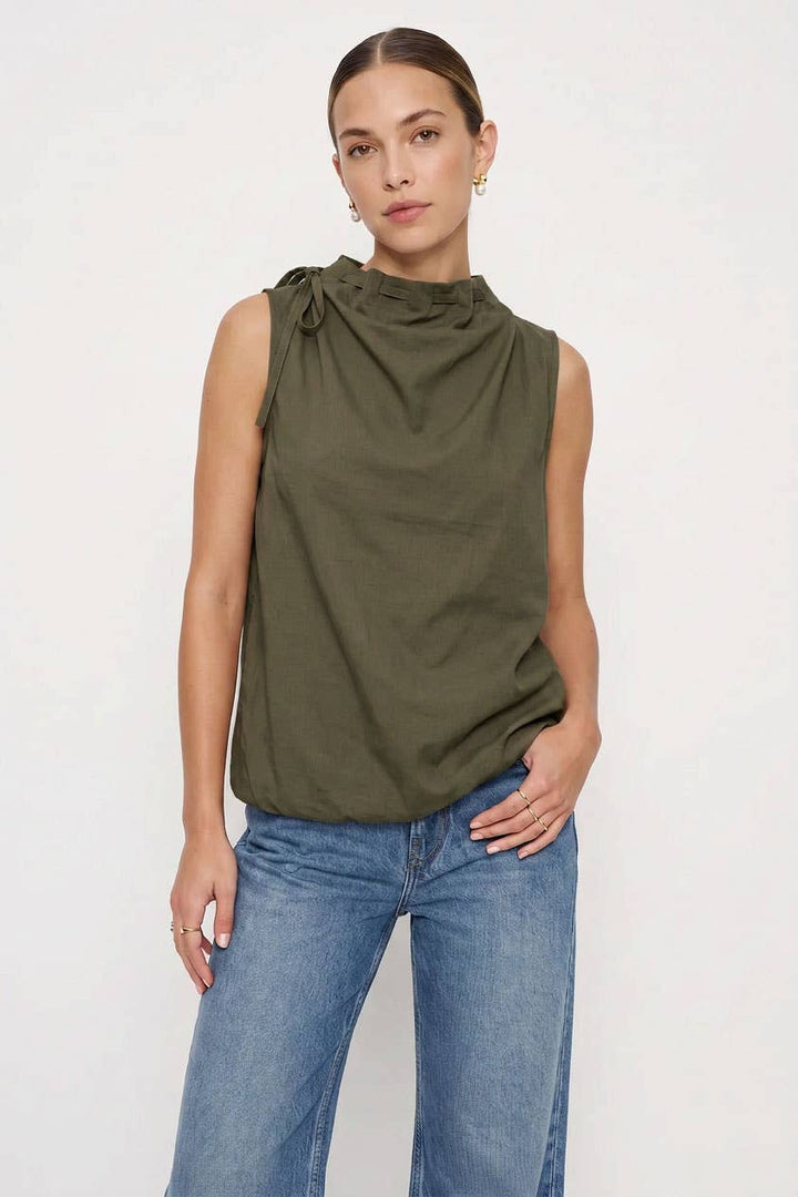 Cinched Mock Neck Sleeveless Top