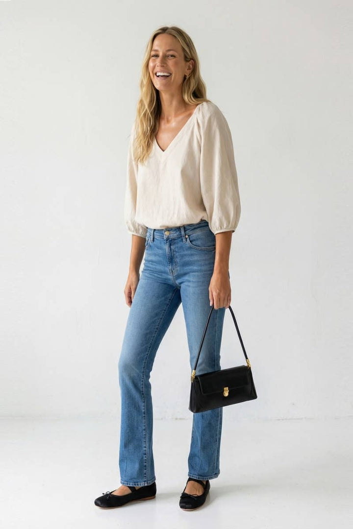 Elastic Puff Sleeve V-neck Blouse