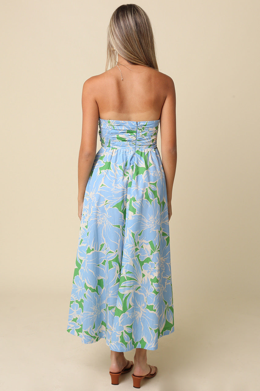 Blue Tropics Strapless Midi Dress