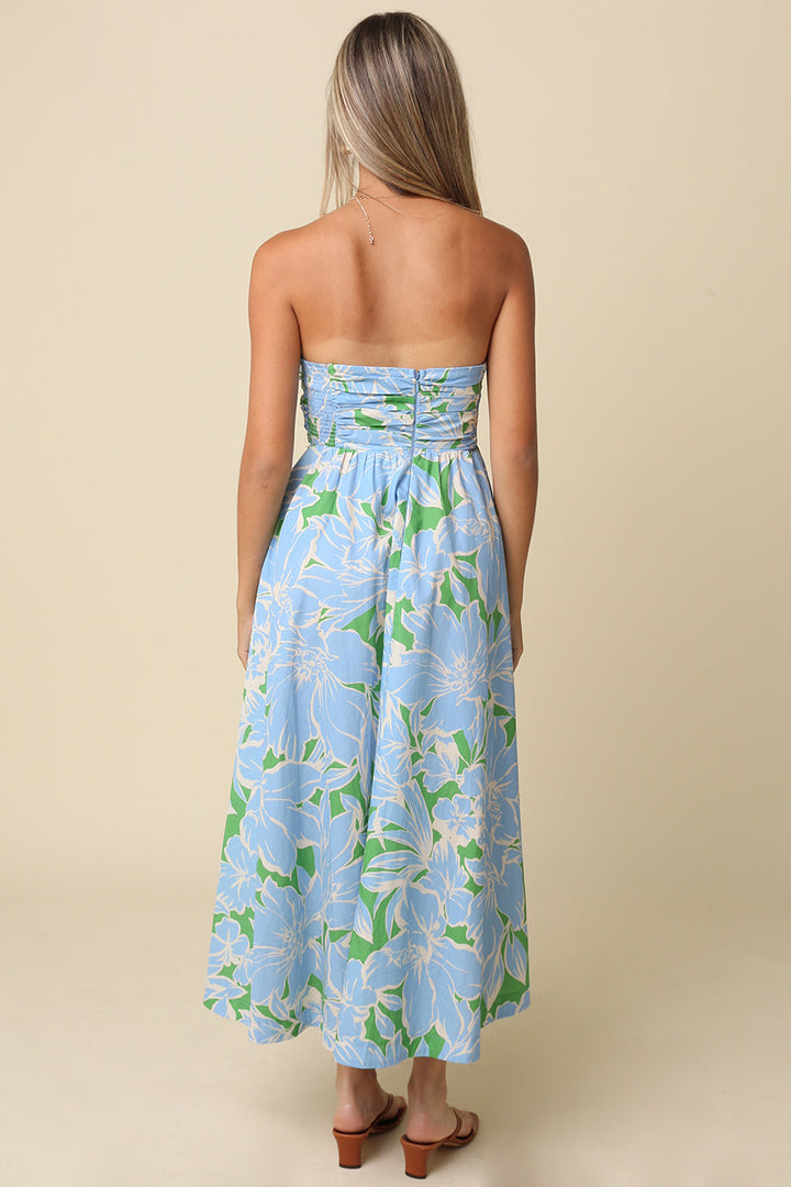 Blue Tropics Strapless Midi Dress