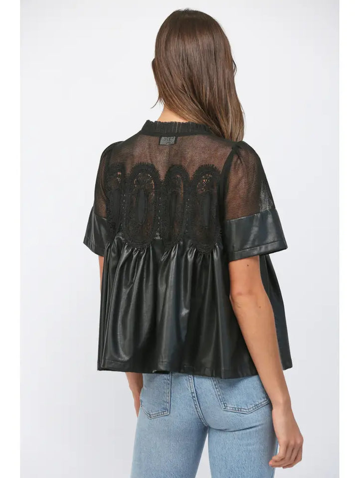Lace Overlay Faux Leather Babydoll Top