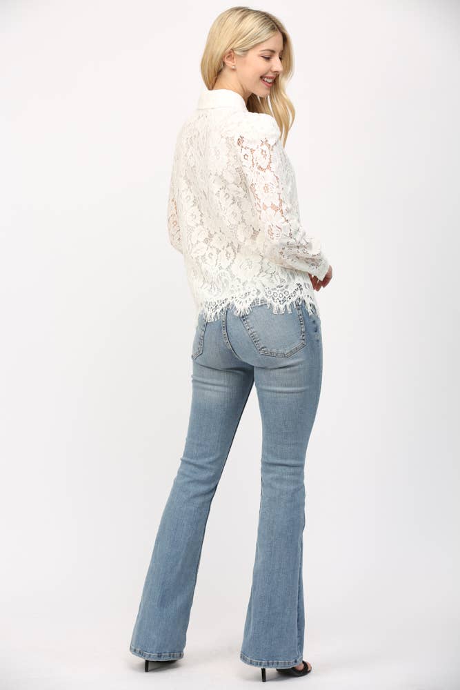 Scallop Edge Lace Button Down Blouse