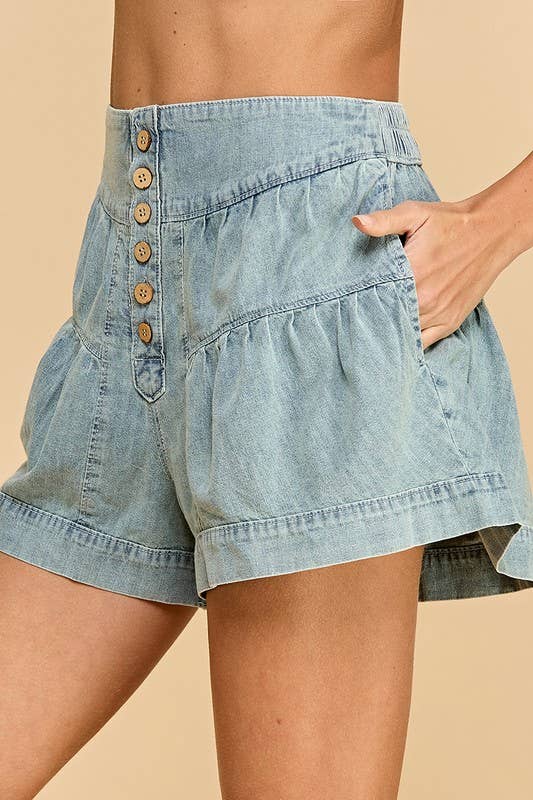 Denim Shirred Back Elastic Waistband Shorts