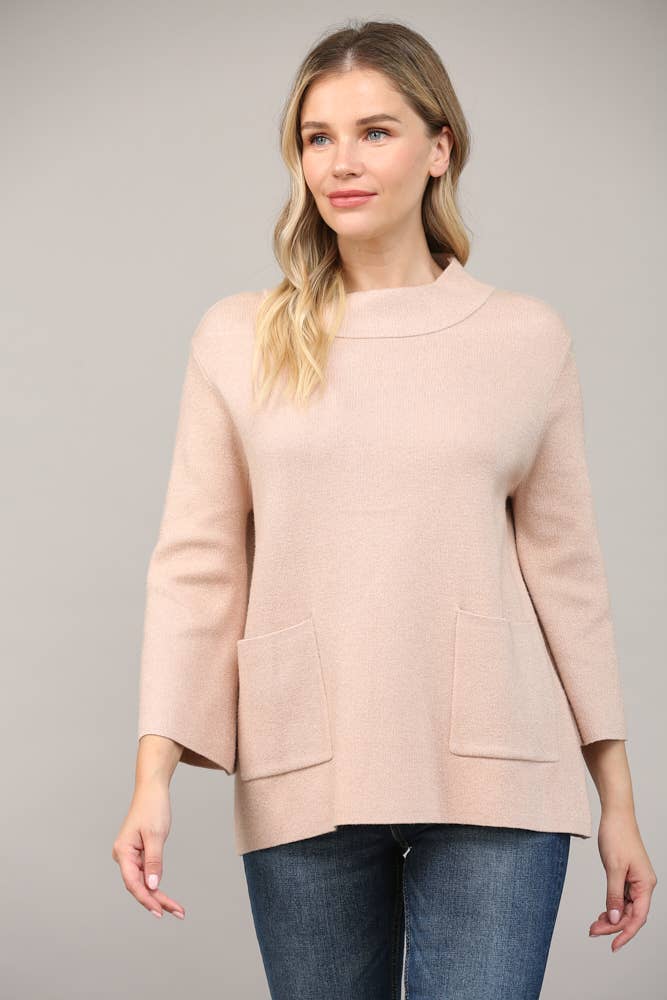 Glitter Yarn Front Pocket Detail Mock Neck Sweater