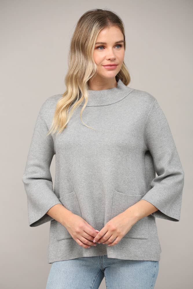 Glitter Yarn Front Pocket Detail Mock Neck Sweater