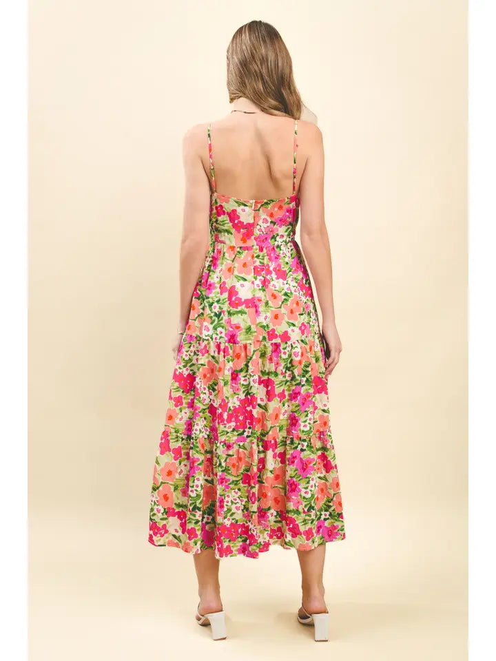 Floral Print Contrasting Stitch Detail Midi Dress