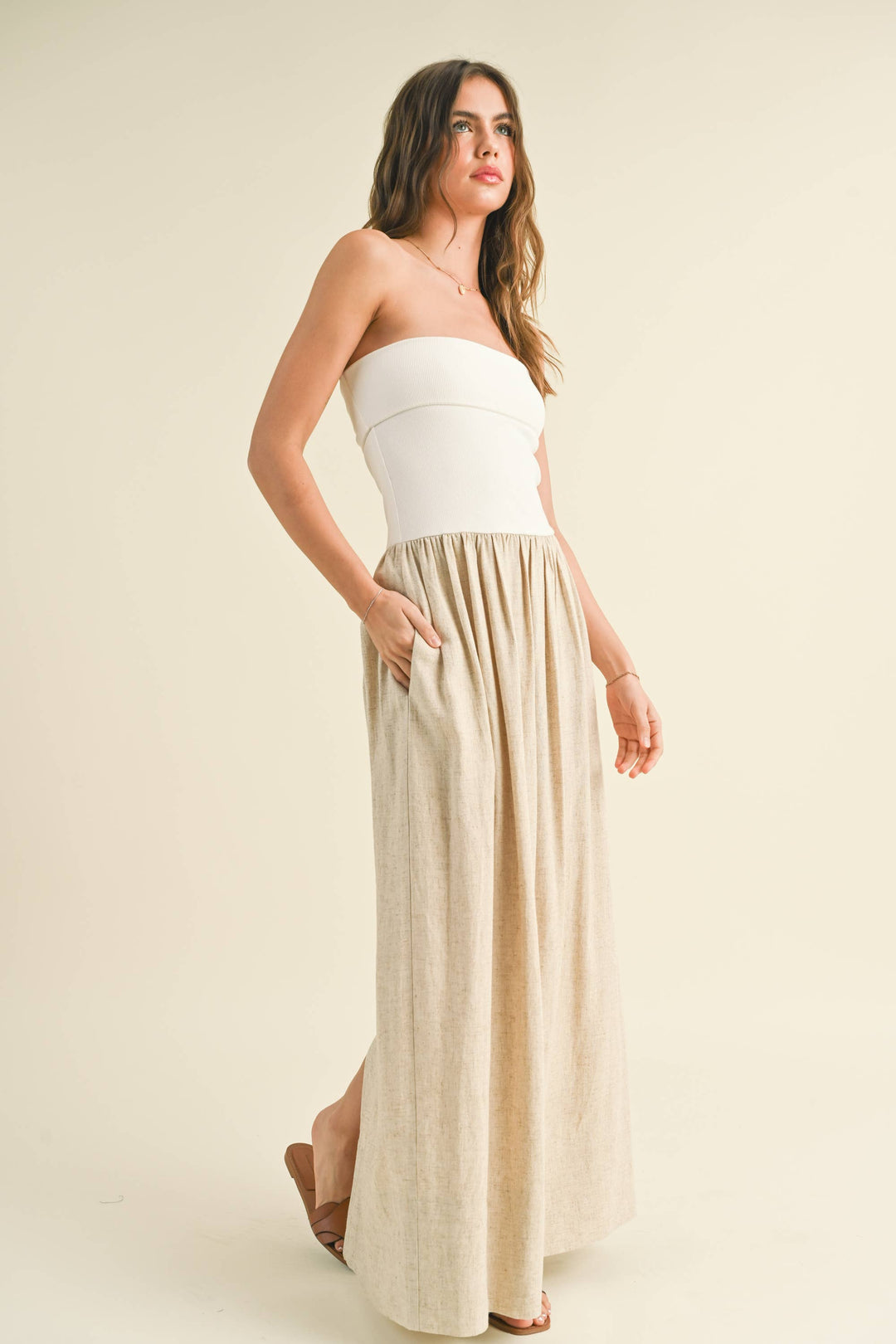 Linen With Ribbed Knitted Top Combo Dress