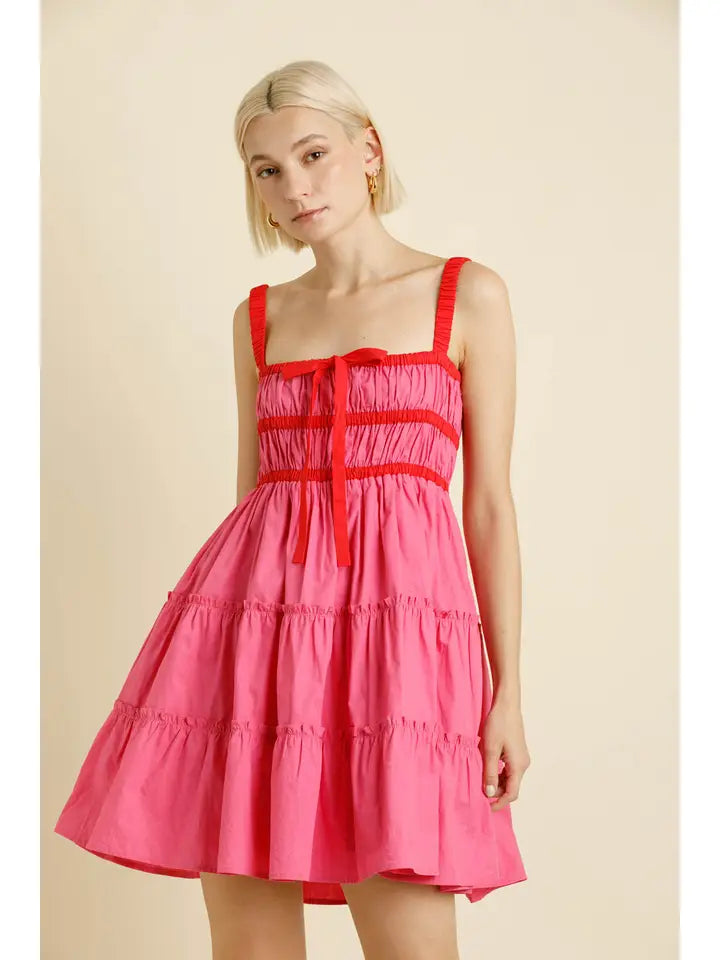Pink Combo Trimming Mini Dress