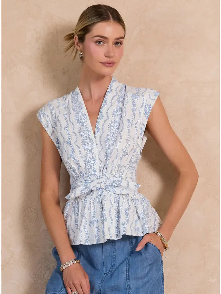 Floral Eyelet V-Neck Peplum Blouse
