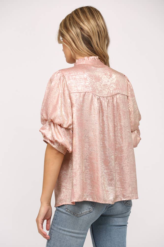 Foiled Woven Fabric Short Tiered Sleeve Blouse