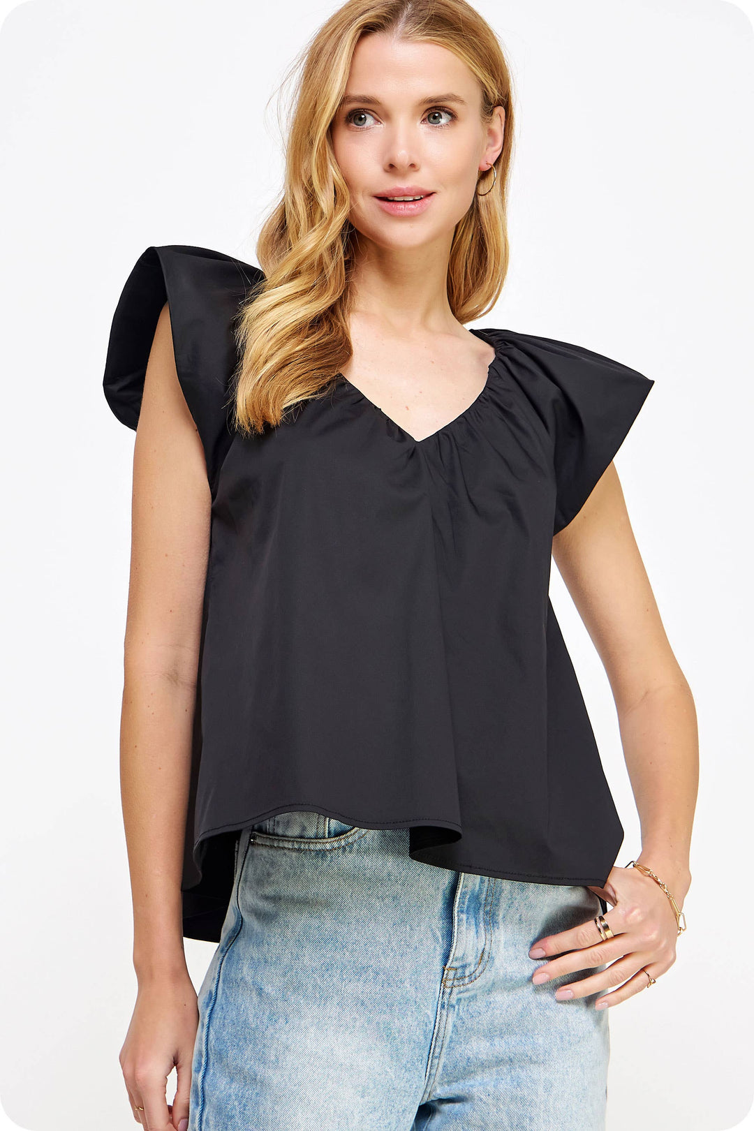 V-Neck Puff Sleeves Poplin Top