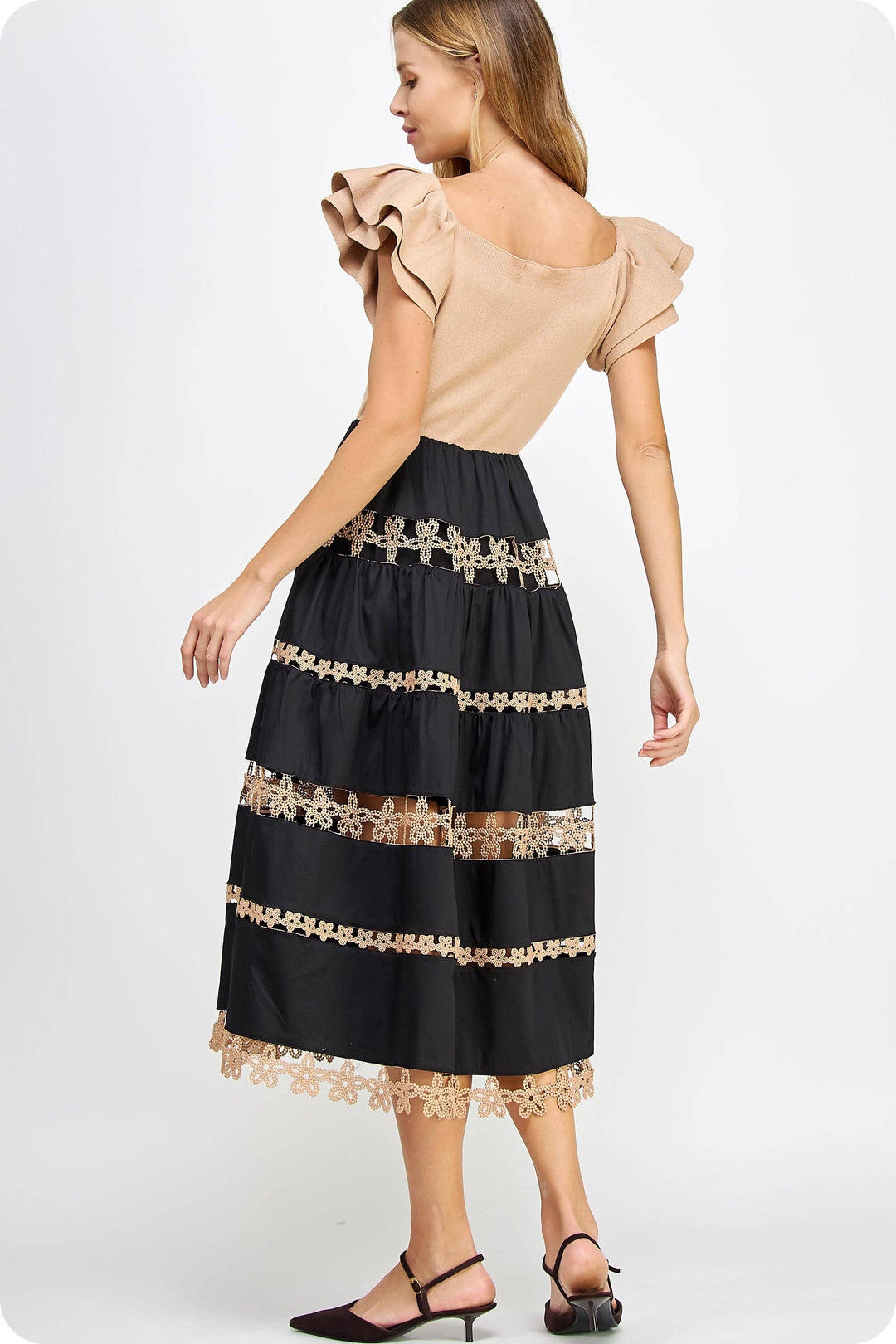 Mixed Media Lace Trim Detail Midi Dress