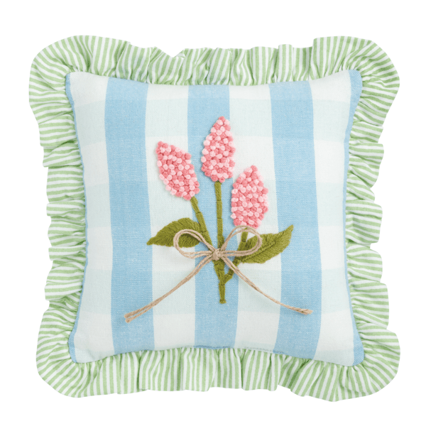 Mud Pie Blue Check Ruffle Floral Pillow