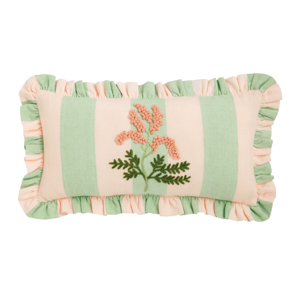 Mud Pie Green Stripe Embroidered Floral Pillow