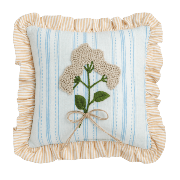 Mud Pie Blue Stripe Embroidered Floral Pillow