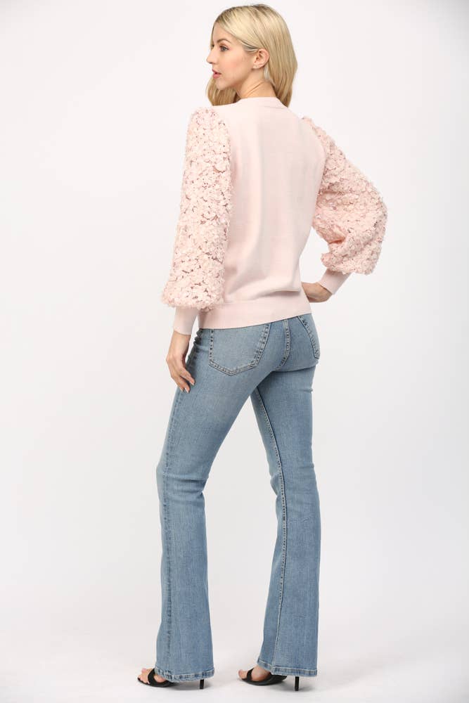 Contrast 3D Floral Lace Sleeve Crew Neck Sweater