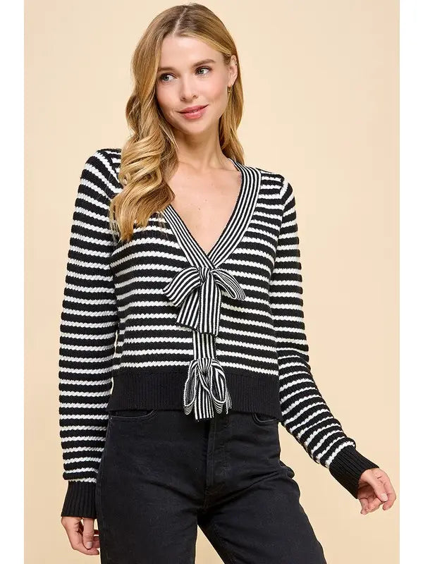 Neckline Front Bow Detail Striped Sweater