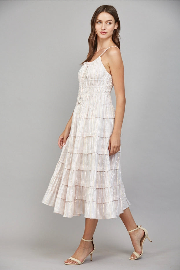 Lurex Stripe Shirred Detail Tiered Midi Dress