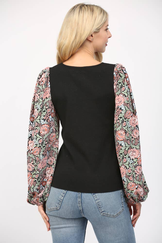 Contrast Print Balloon Sleeve Round Neck Sweater