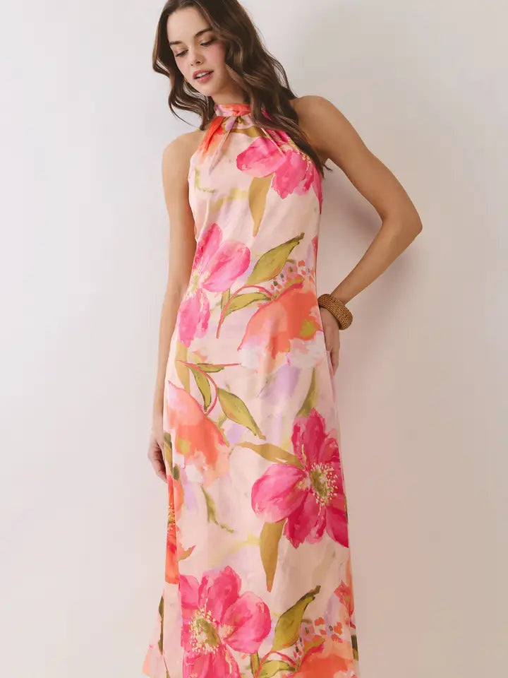 Floral Print Halter Neck Midi Dress