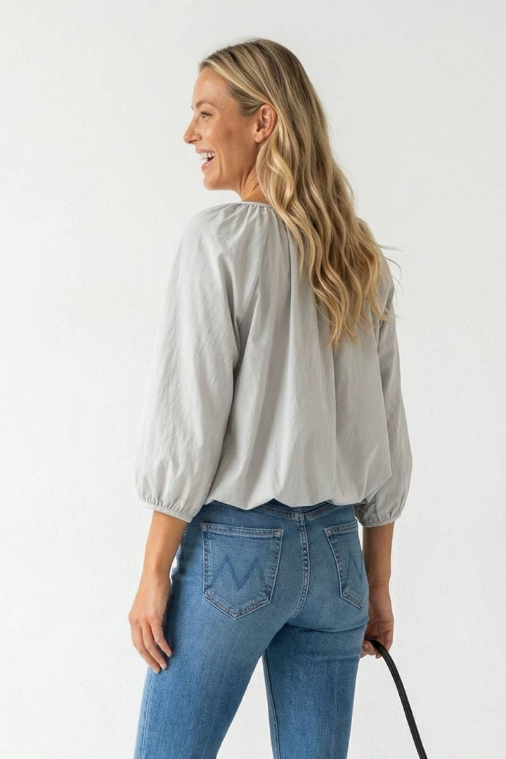 Elastic Puff Sleeve V-neck Blouse