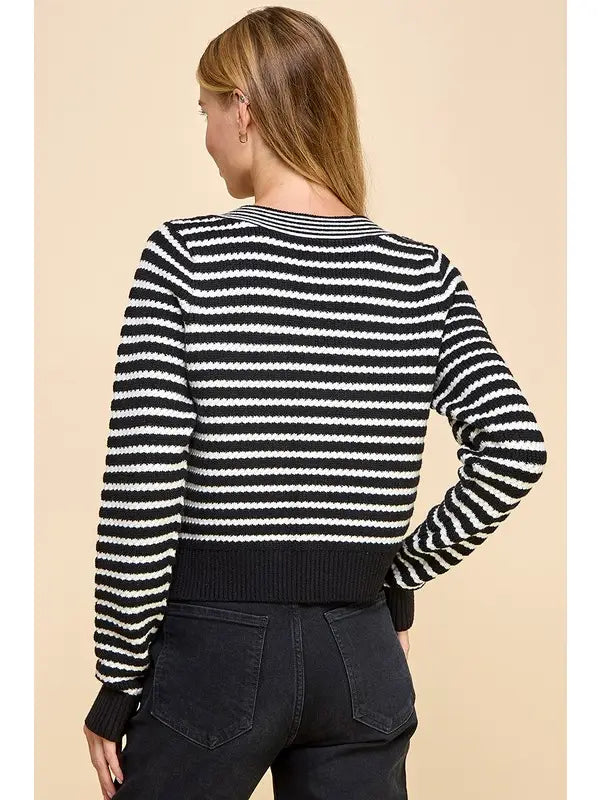 Neckline Front Bow Detail Striped Sweater