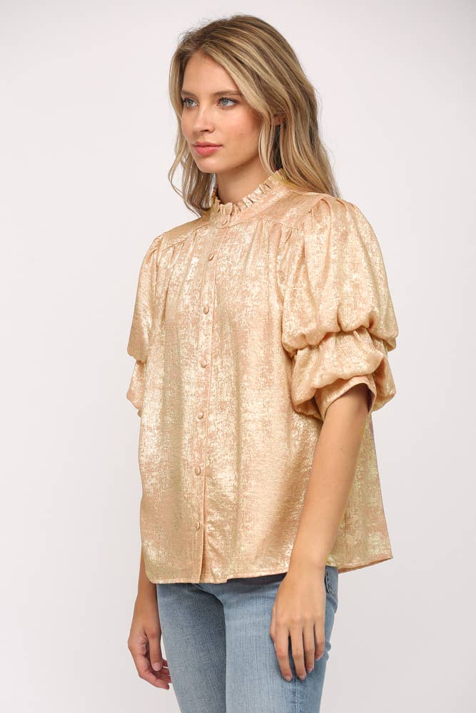 Foiled Woven Fabric Short Tiered Sleeve Blouse