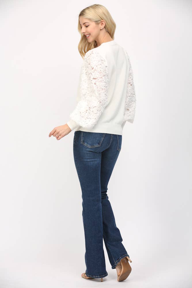 Contrast 3D Floral Lace Sleeve Crew Neck Sweater