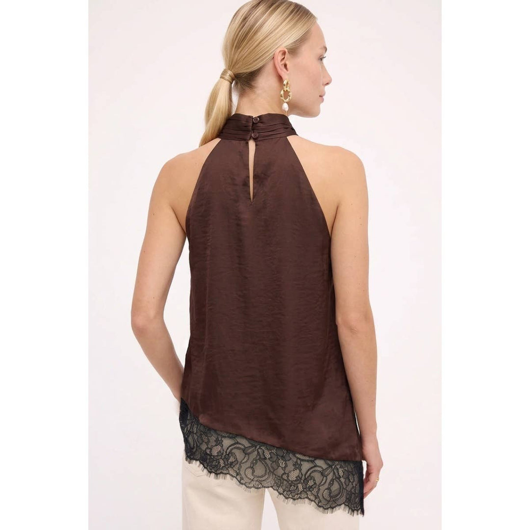 Asymmetrical Lace Trim Mock Neck Halter Top