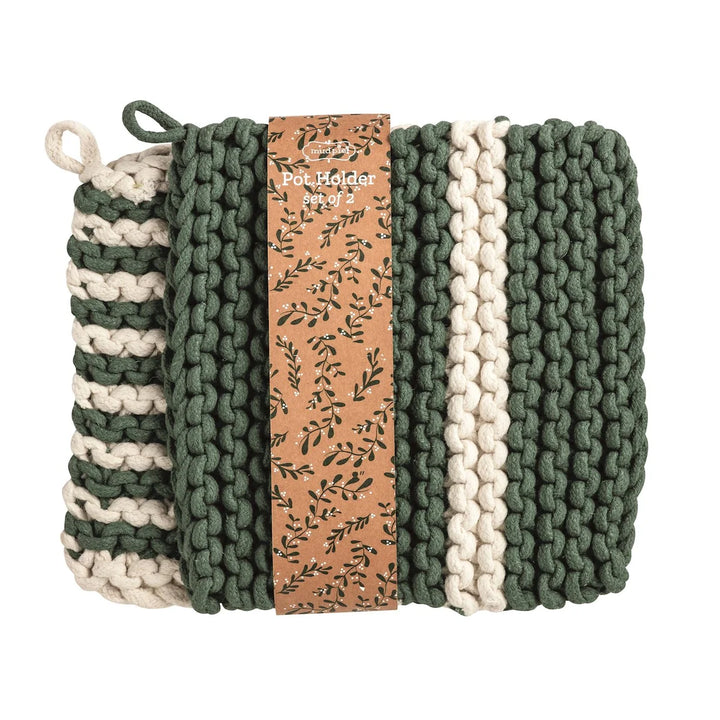 Double White  & Green Stripe Pot Holder Set