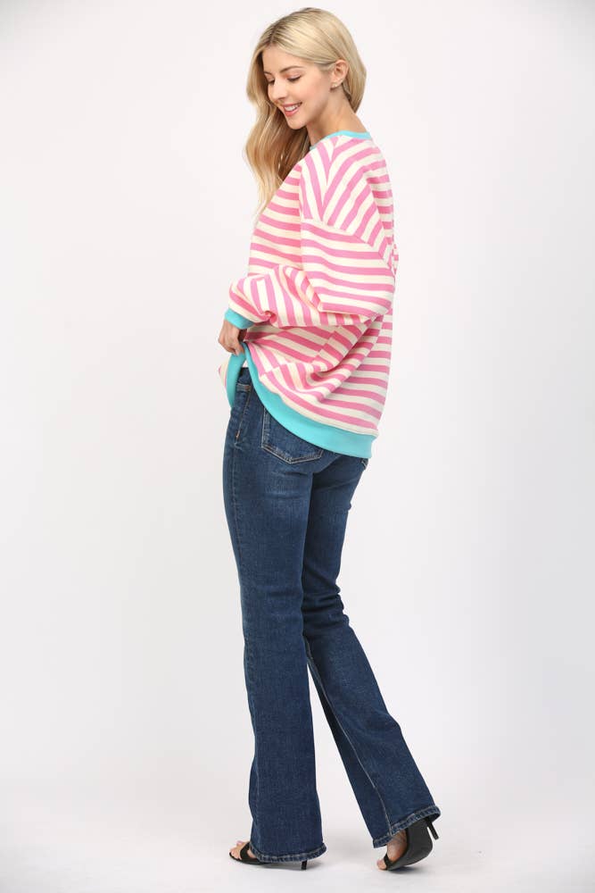 Pink and White Stripe Top With Aqua Trim