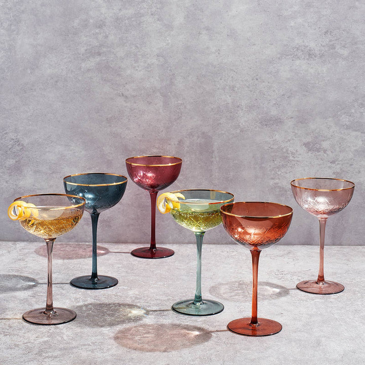 Colored Coupe Art Deco Glasses | Set of 6